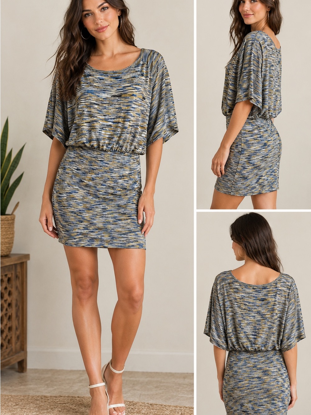 BCBGMAXAZRIA Serena Space Dye Silk Blend Blouson Dolman Mini Dress Navy XS